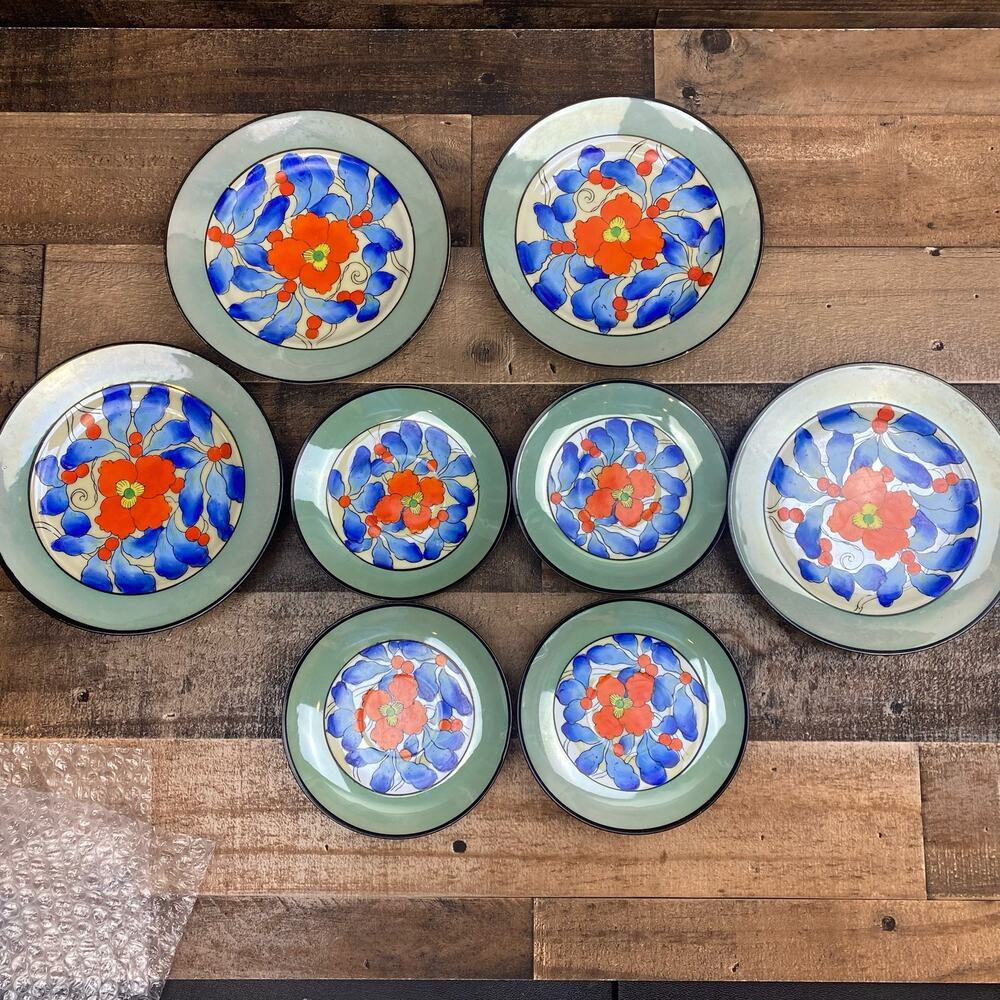 VINTAGE TT TAKITO Floral Blue and Orange Hand Painted Made in Japan Plates